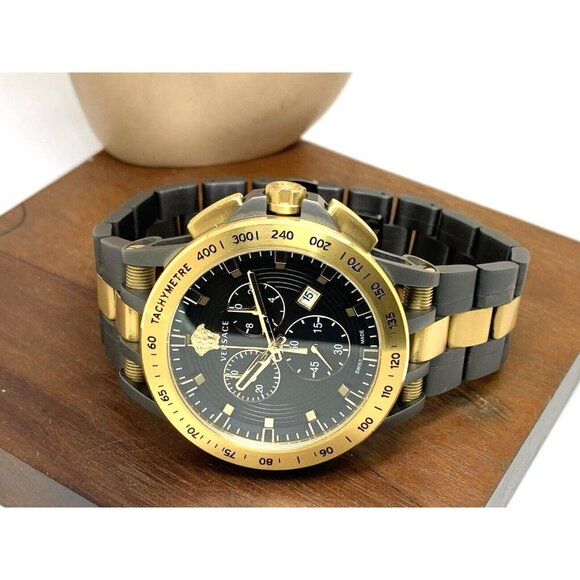 Versace Men's Watch VE3E00621 Swiss Quartz Chronograph Black Dial Gold Gray Band - Picture 8 of 14
